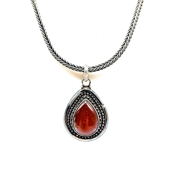 Vintage Sterling Silver Ornate Teardrop Carnelian Pendant On Sterling Silver - Picture 4 of 5